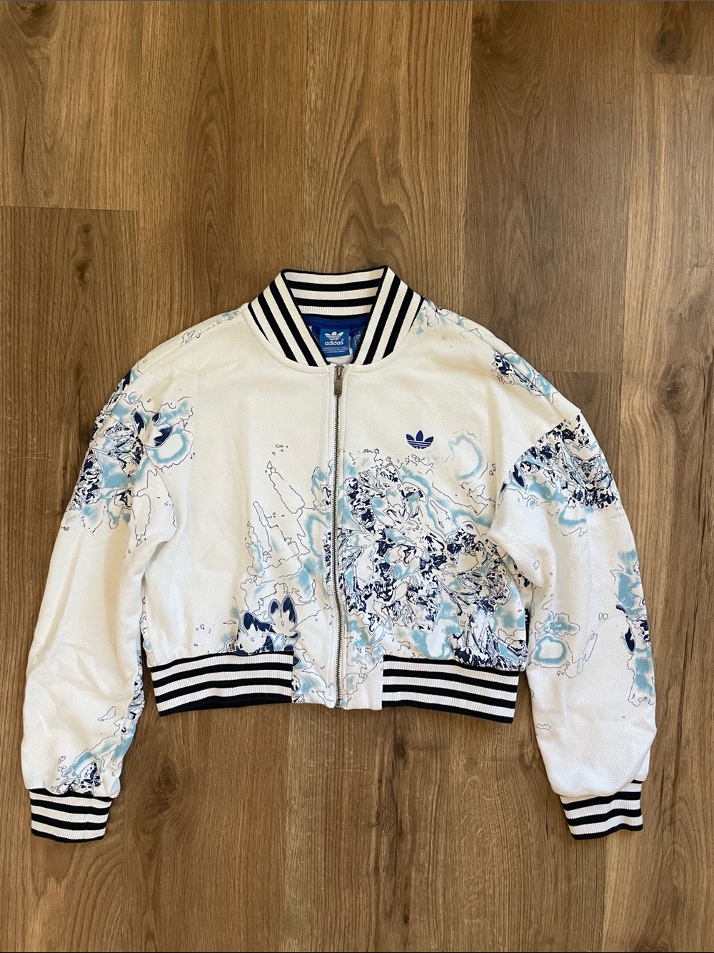 adidas White Bomber Jacket with Light Blue & Navy Floral Print - size small